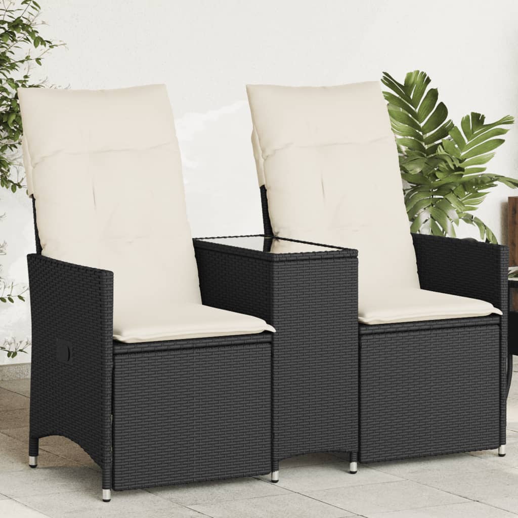 2-personers Havesofa Med Bord Og Lænefunktion Polyrattan - Sort / Glas / Uden fodskammel