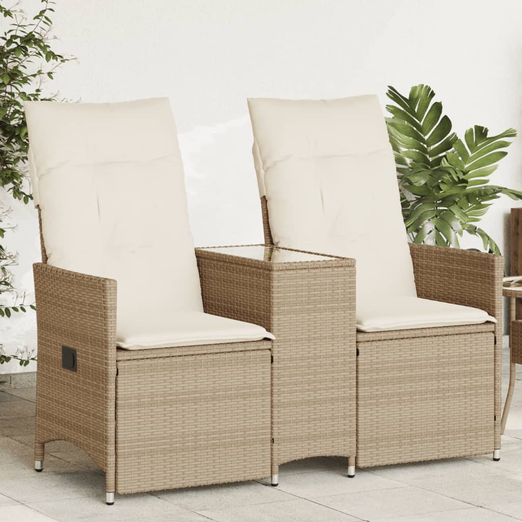 2-personers Havesofa Med Bord Og Lænefunktion Polyrattan - Beige / Glas / Uden fodskammel