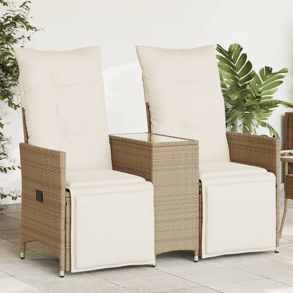 2-personers Havesofa Med Bord Og Lænefunktion Polyrattan - Beige / Glas / Med fodskammel