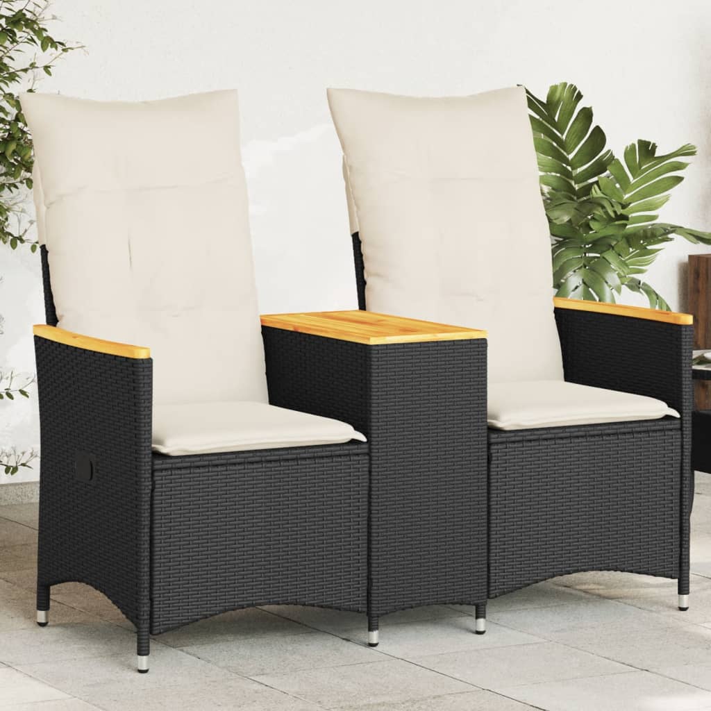 Sort 2‑personers havesofa i polyrattan med bord og lænefunktion