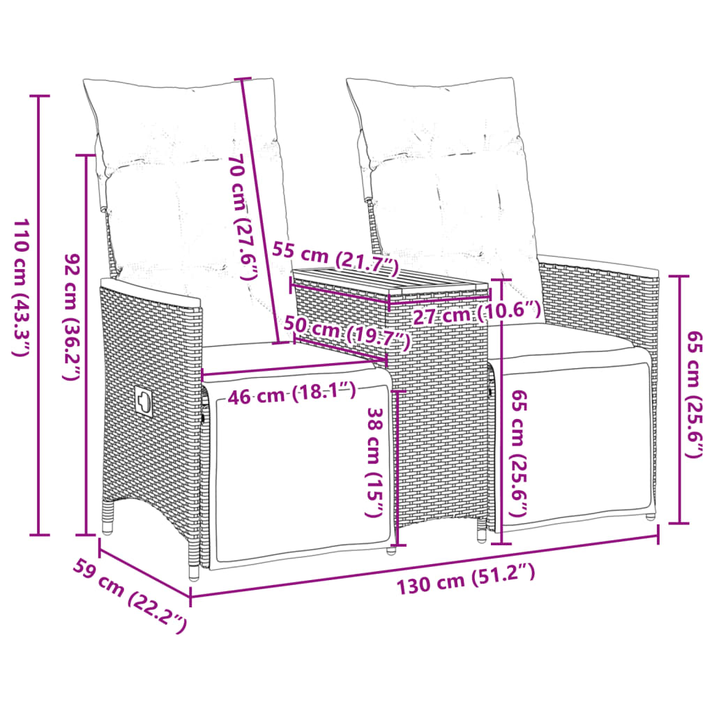 2-personers havesofa med bord og lænefunktion polyrattan grå