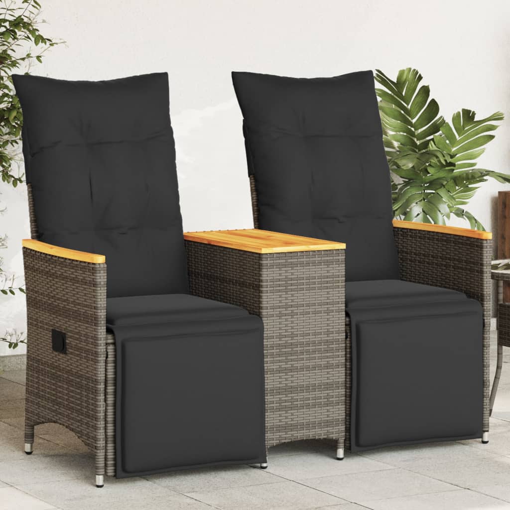 2-personers Havesofa Med Bord Og Lænefunktion Polyrattan - Grå / Træ / Med fodskammel
