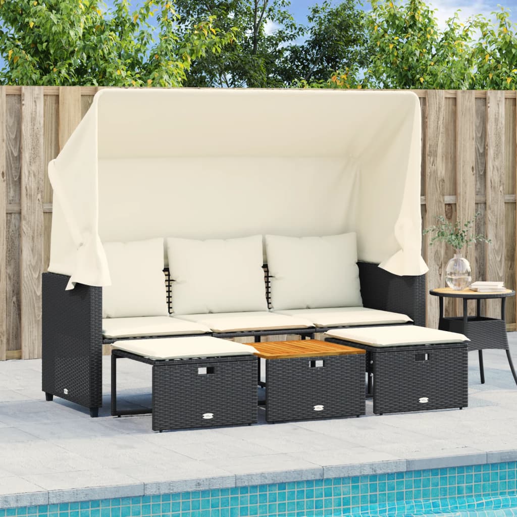 3-personers havesofa med baldakin og skamler i polyrattan - sort