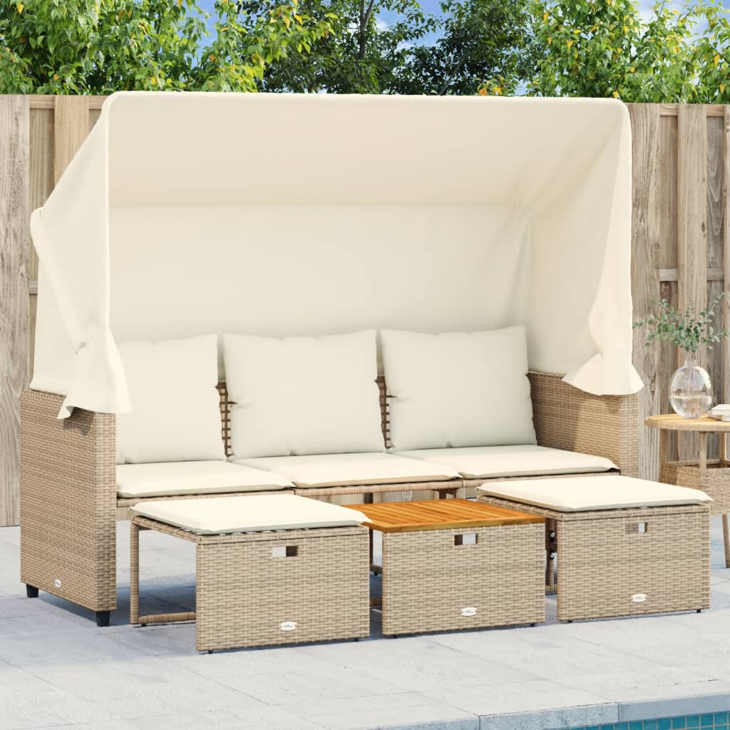 3-personers havesofa med baldakin og skamler polyrattan beige billede