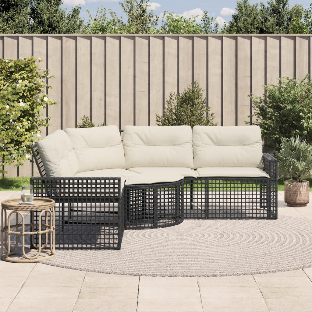havesofa med hynder og fodskammel L-formet polyrattan sort billede