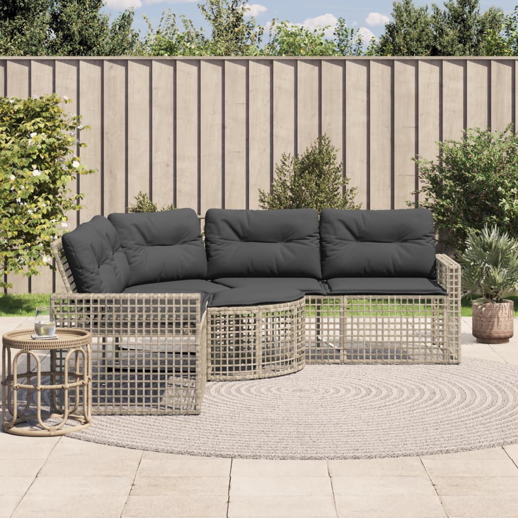 havesofa med hynder og fodskammel L-formet polyrattan lysegrå billede