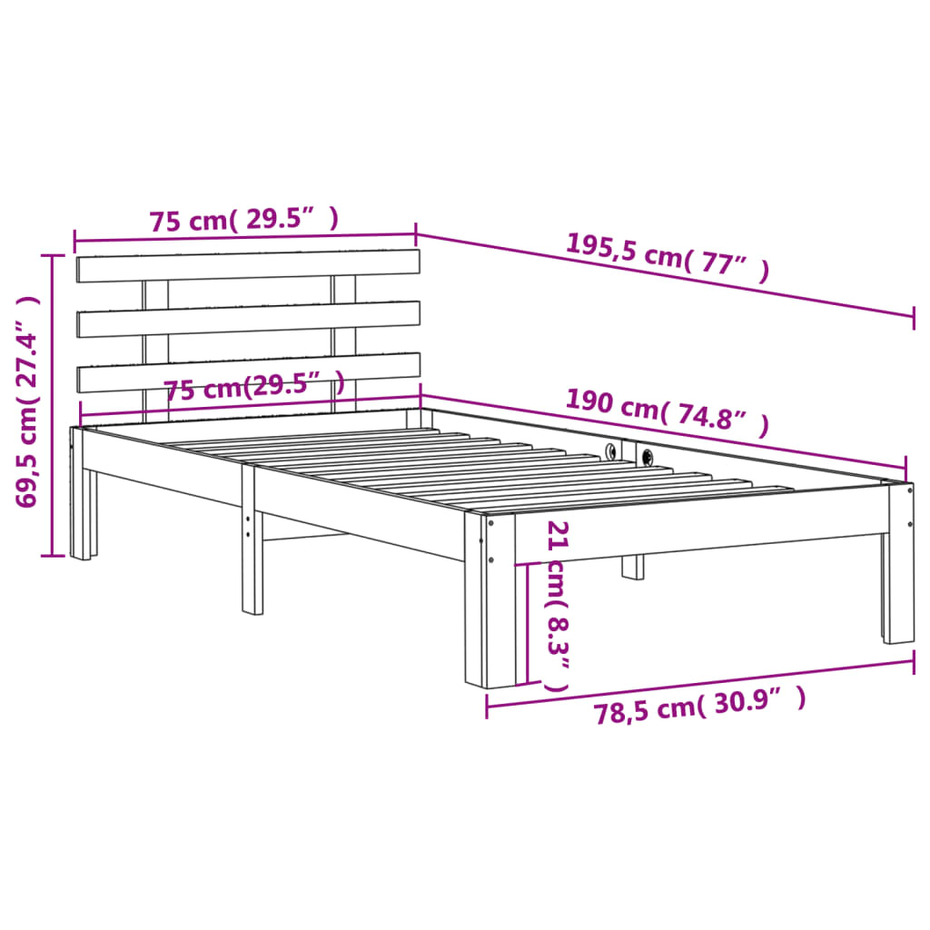 sengeramme uden madras 75x190 cm massivt fyrretræ gyldenbrun