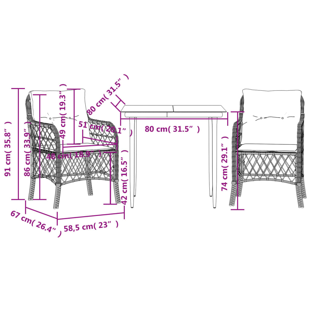 bistrosæt til haven 3 dele med hynder polyrattan blandet beige