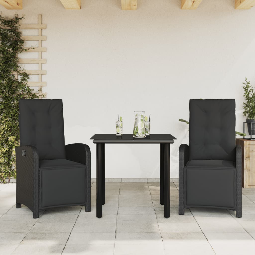 bistrosæt til haven 3 dele med hynder polyrattan sort
