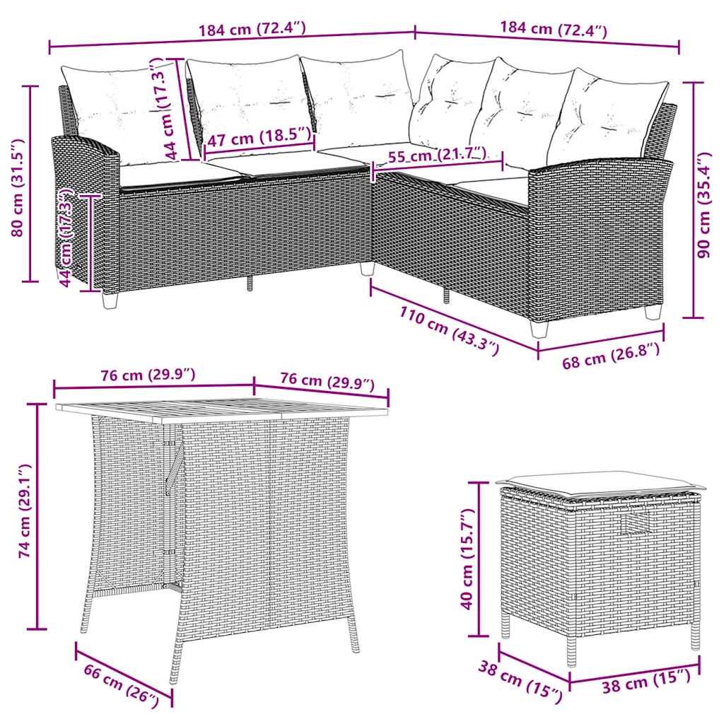 sofasæt til haven 6 dele med hynder L-formet polyrattan grå