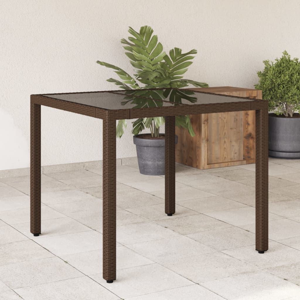 havebord med glastop 90x90x75 cm polyrattan brun billede