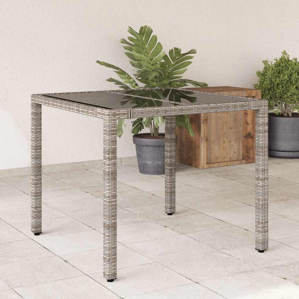 havebord med glastop 90x90x75 cm polyrattan grå billede