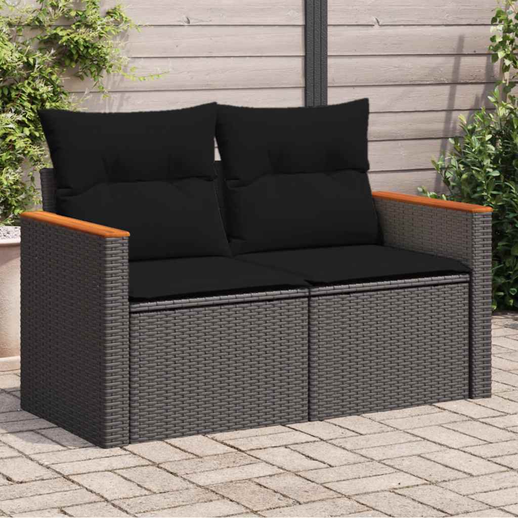 havesofa med hynder 2-personers sort polyrattan billede