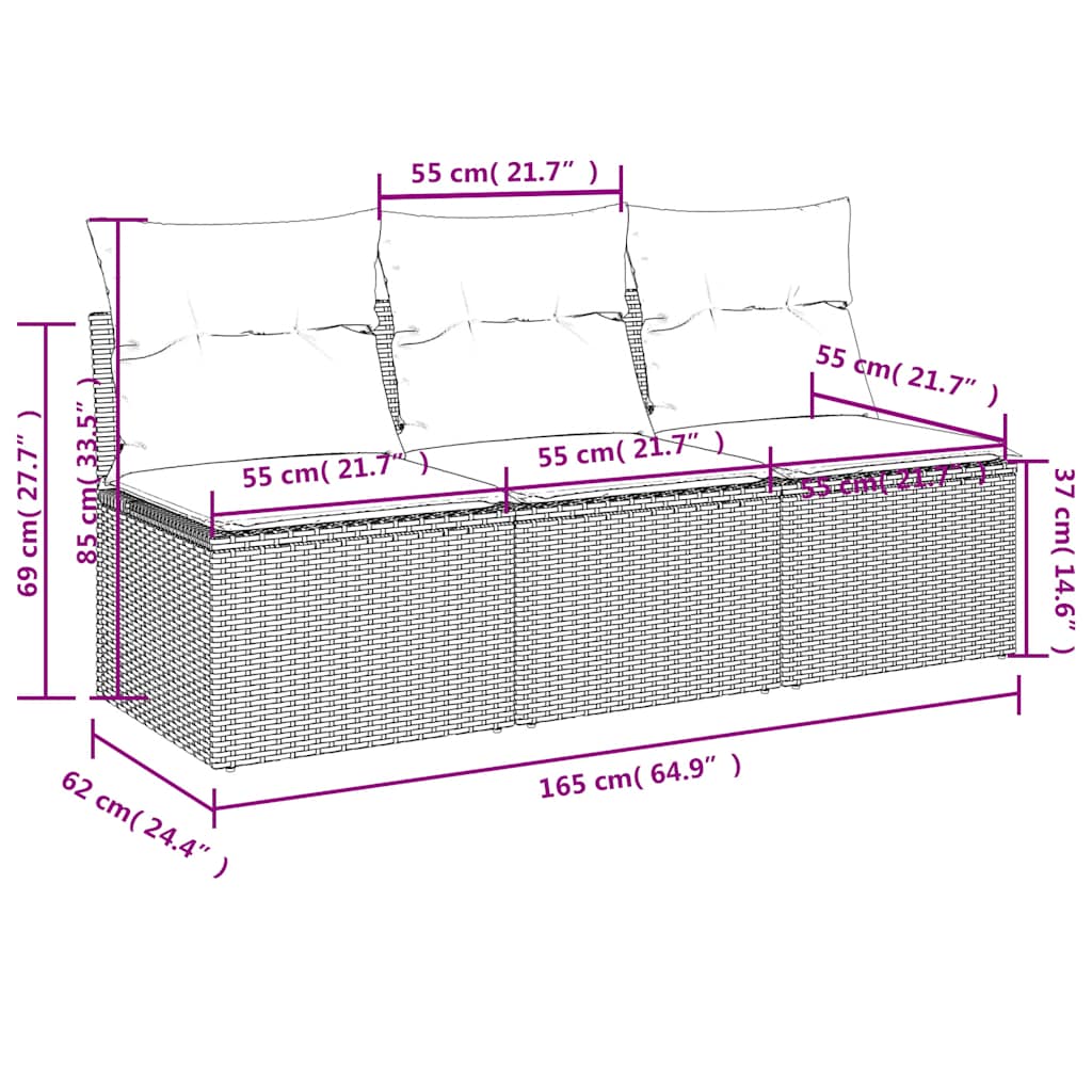havesofa med hynder 3-personers sort polyrattan