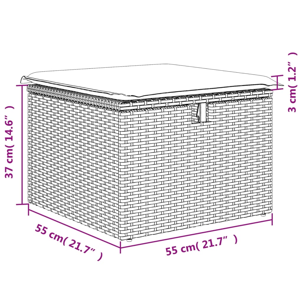 haveskammel med hynde 55x55x37 cm polyrattan sort
