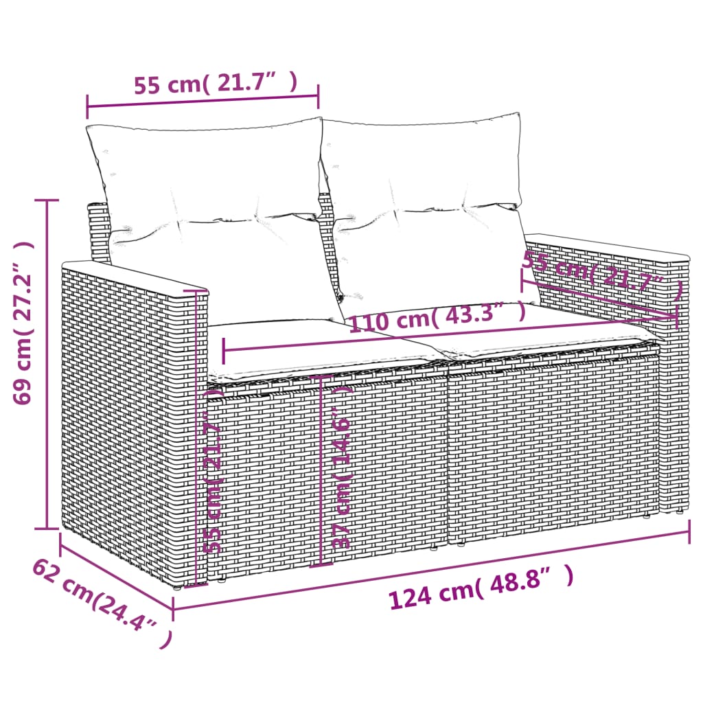 havesofa med hynder 2-personers sort polyrattan