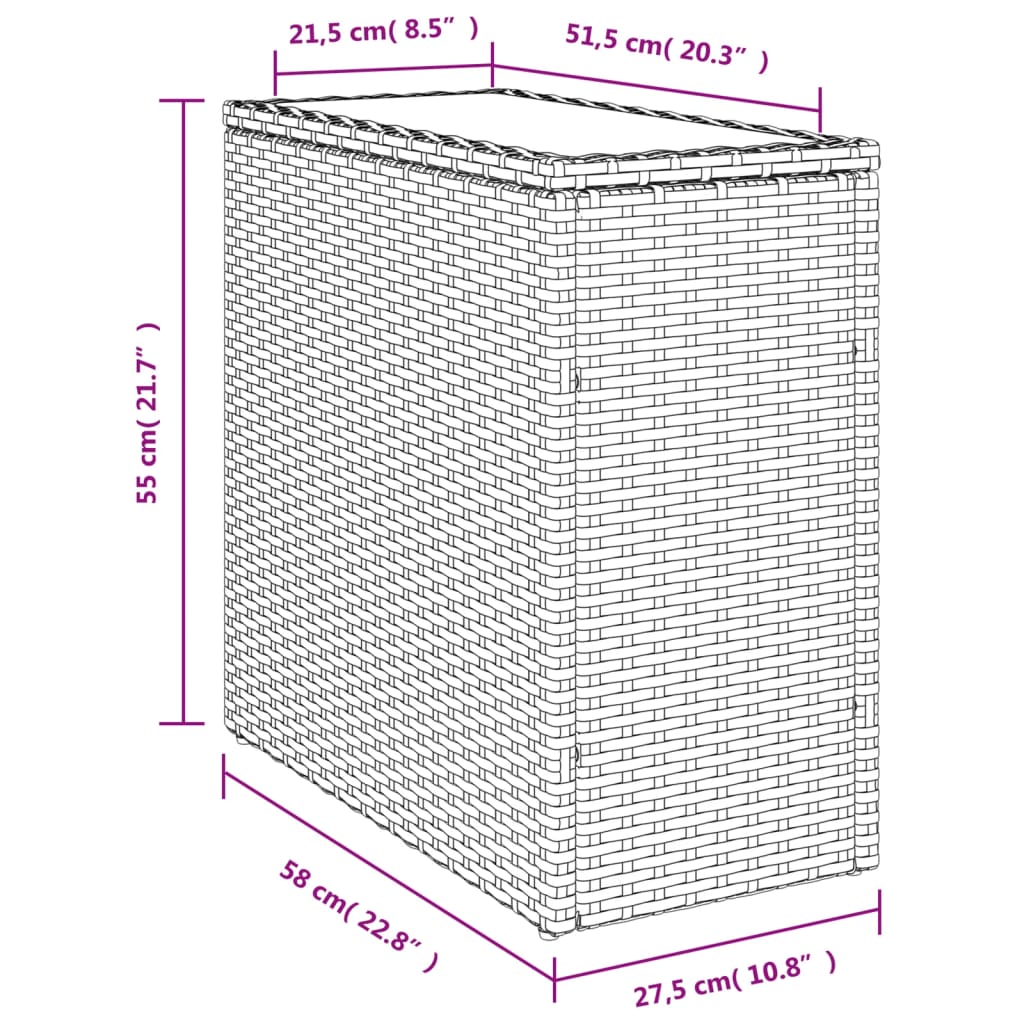 havesidebord med glastop 58x27,5x55 cm polyrattan lysegrå
