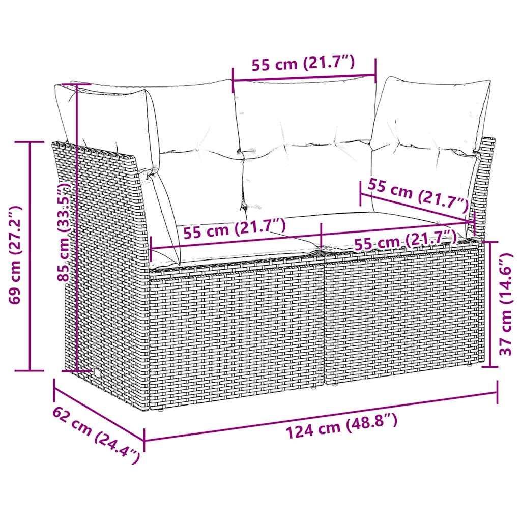 2-personers havesofa med hynder polyrattan lysegrå