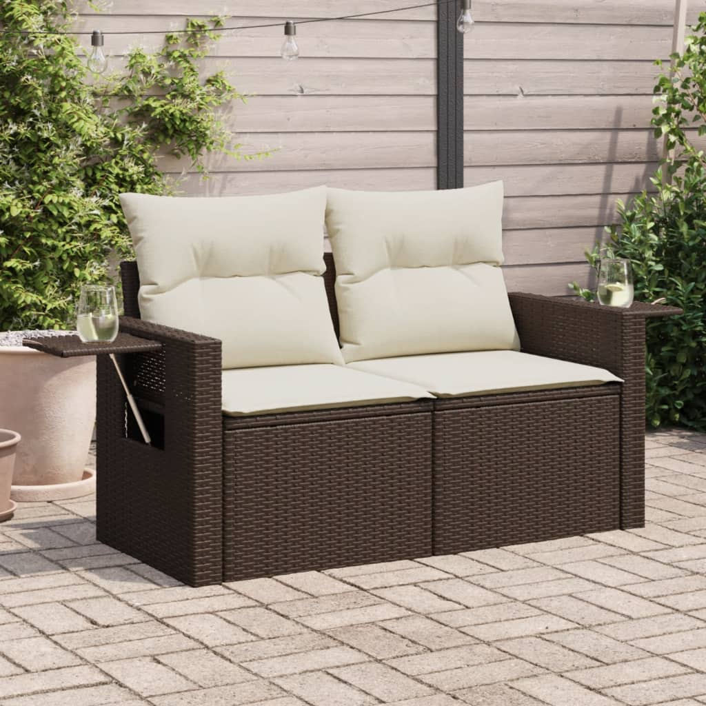 2-personers havesofa med hynder polyrattan brun