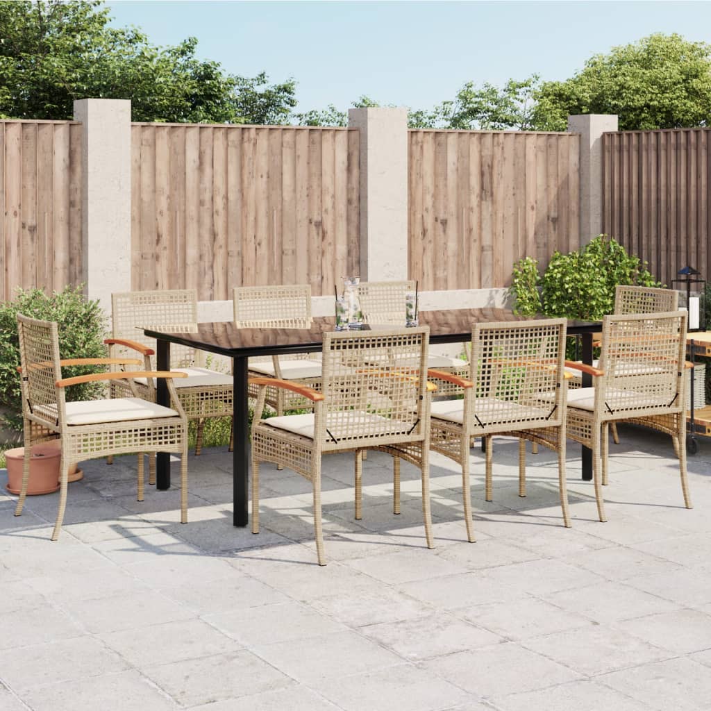 spisebordssæt til haven 9 dele med hynder polyrattan beige