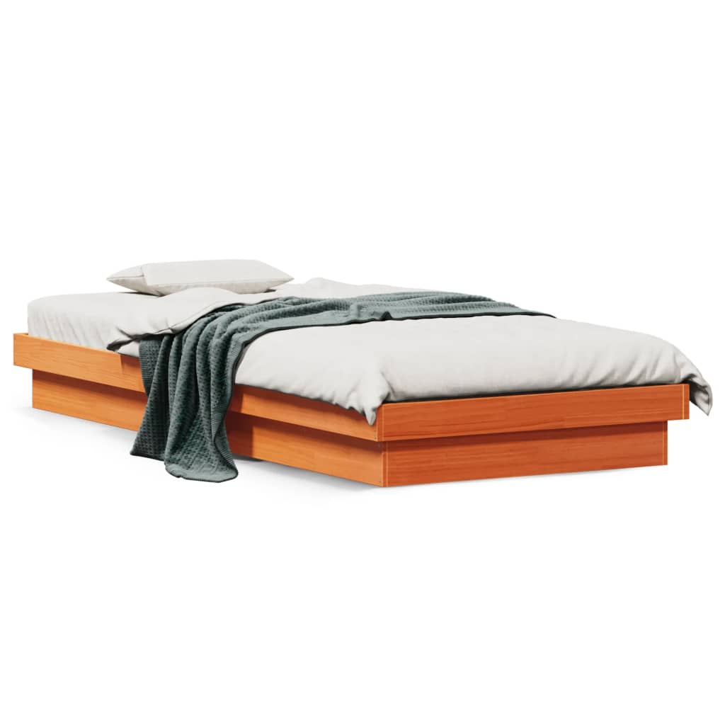 sengeramme med LED-lys 90x190 cm massivt fyrretræ gyldenbrun