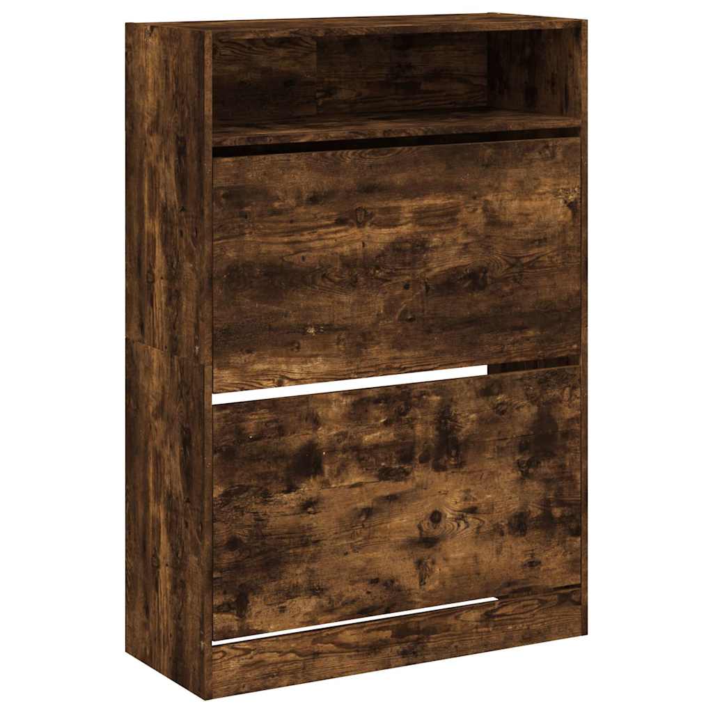 skoskab med 2 vippeskuffer 80x34x116 cm røget egetræsfarve