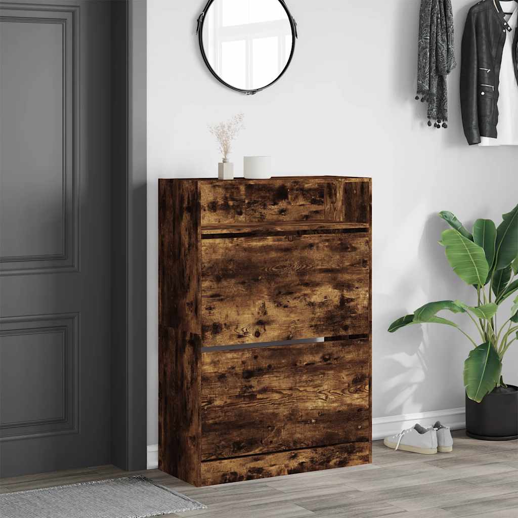 skoskab med 2 vippeskuffer 80x34x116 cm røget egetræsfarve