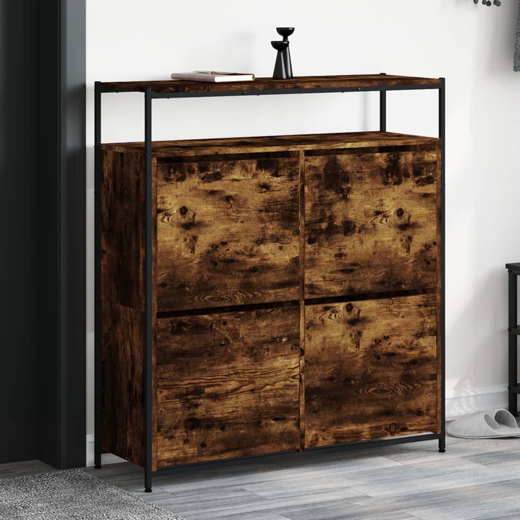 skoskab med 4 vippeskuffer 100x34x112 cm røget egetræsfarve