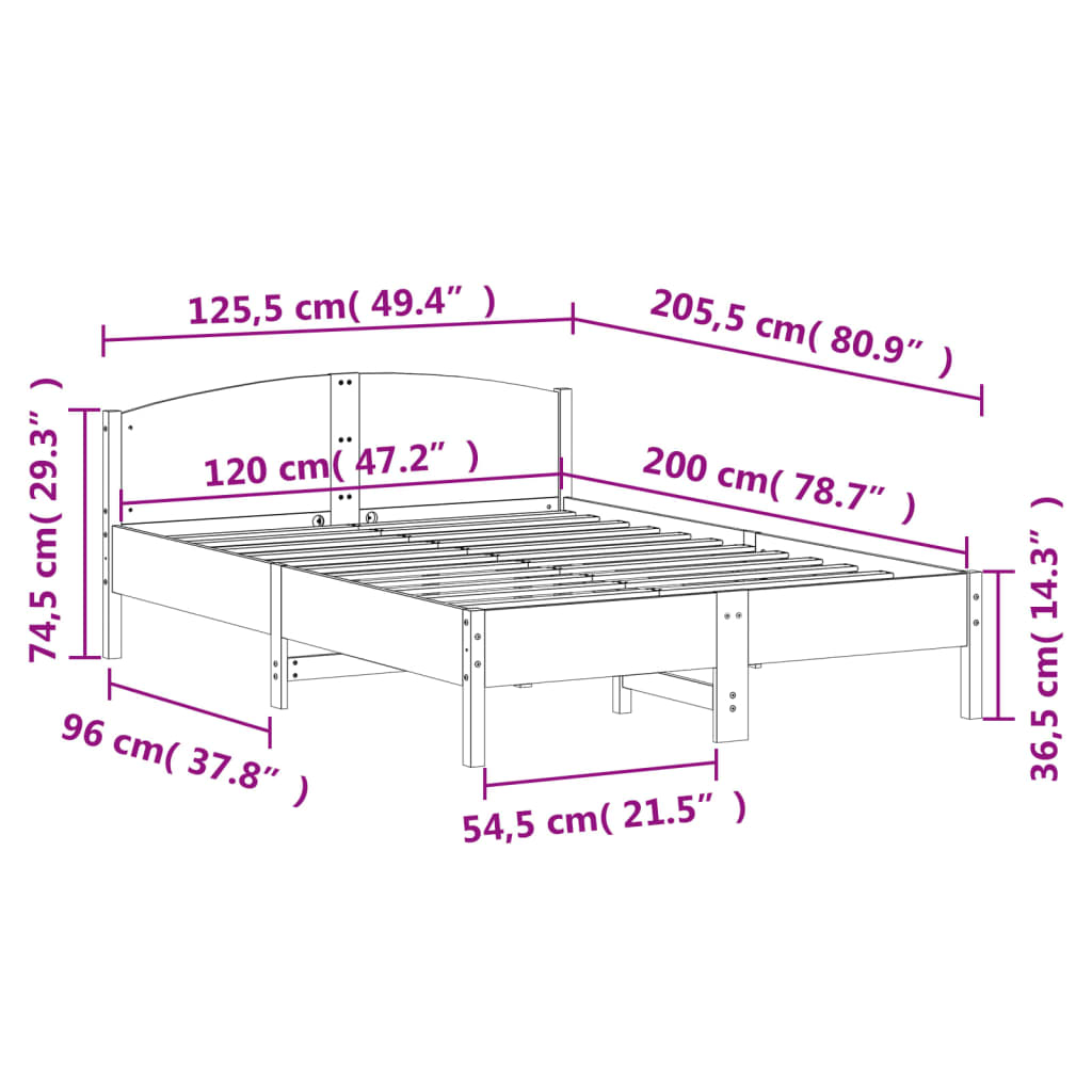 sengeramme uden madras 120x200 cm massivt fyrretræ hvid