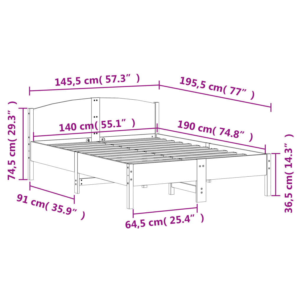 sengeramme uden madras 140x190 cm massivt fyrretræ hvid