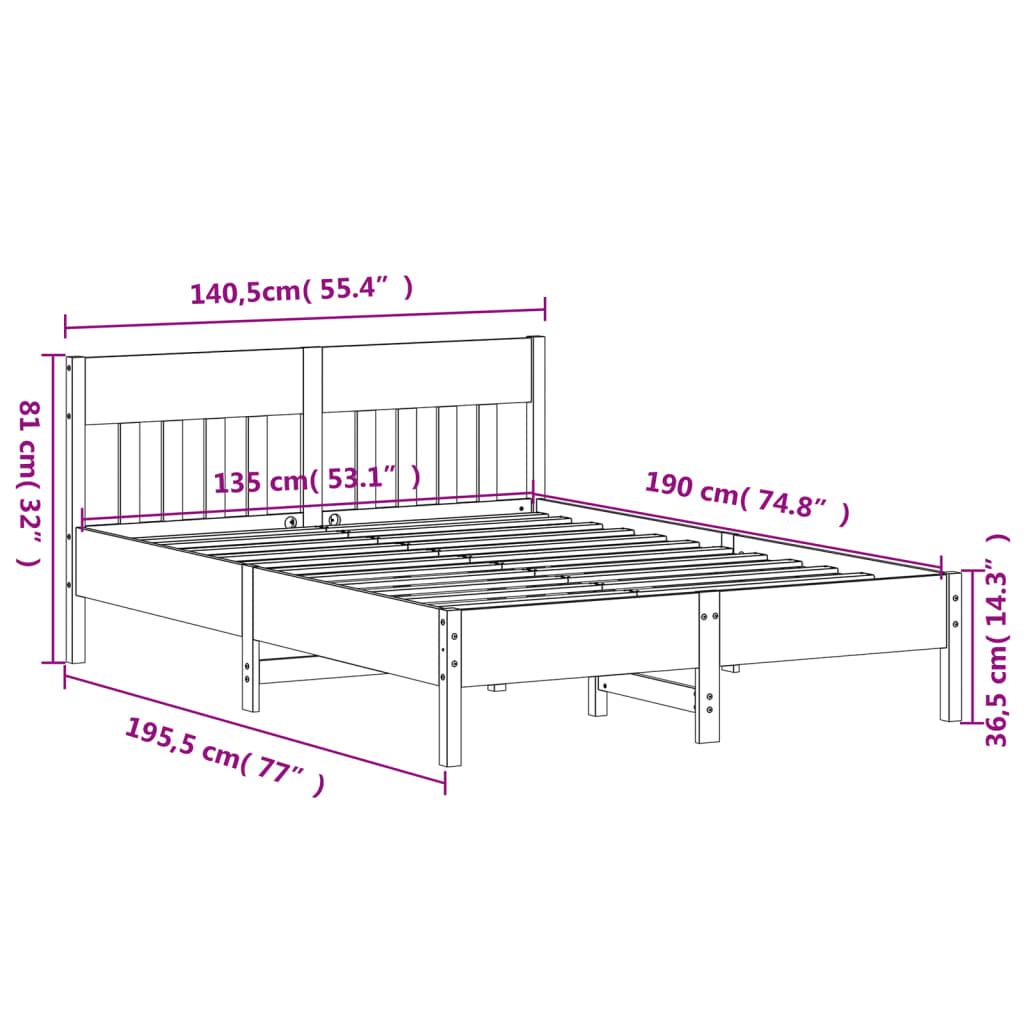 sengeramme uden madras 135x190 cm massivt fyrretræ hvid