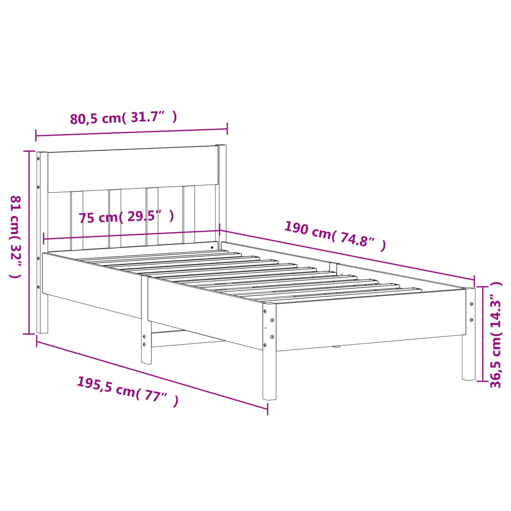 sengeramme uden madras 75x190 cm massivt fyrretræ hvid