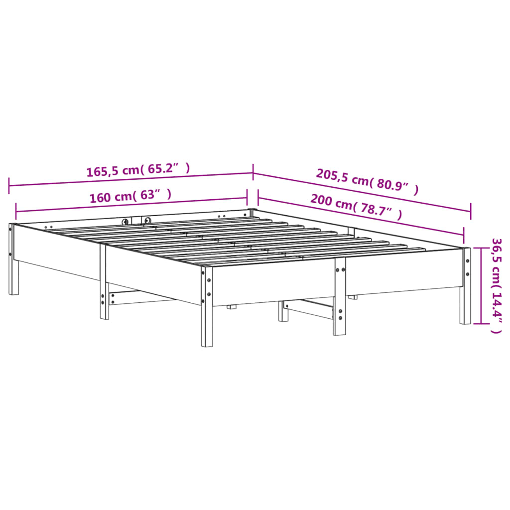 sengeramme uden madras 160x200 cm massivt fyrretræ hvid