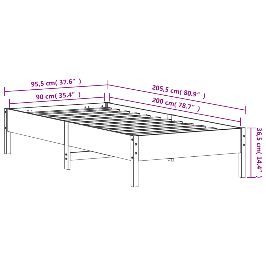 sengeramme uden madras 90x200 cm massivt fyrretræ hvid
