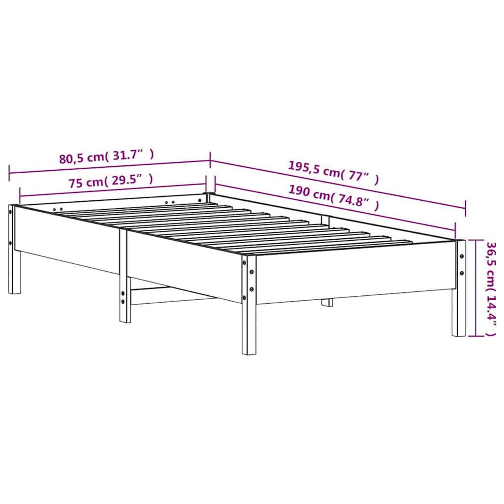sengeramme uden madras 75x190 cm massivt fyrretræ hvid