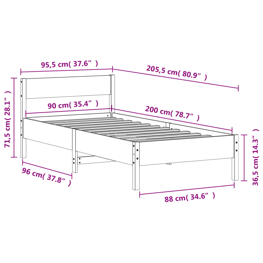 sengeramme uden madras 90x200 cm massivt fyrretræ gyldenbrun