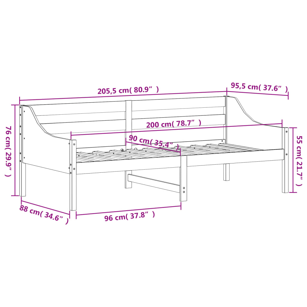 daybed uden madras 90x200 cm massivt fyrretræ