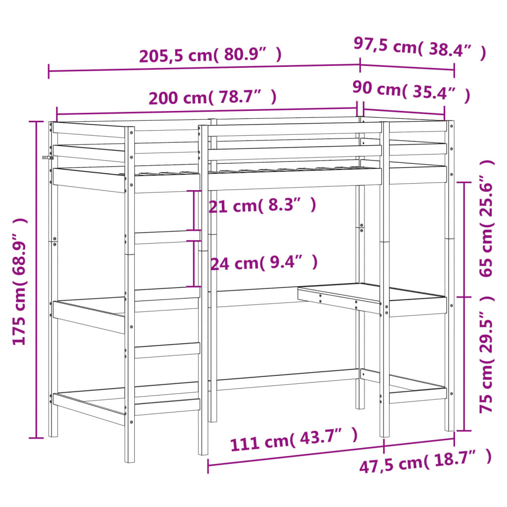 højseng med skrivebord 90x200 cm massivt fyrretræ hvid