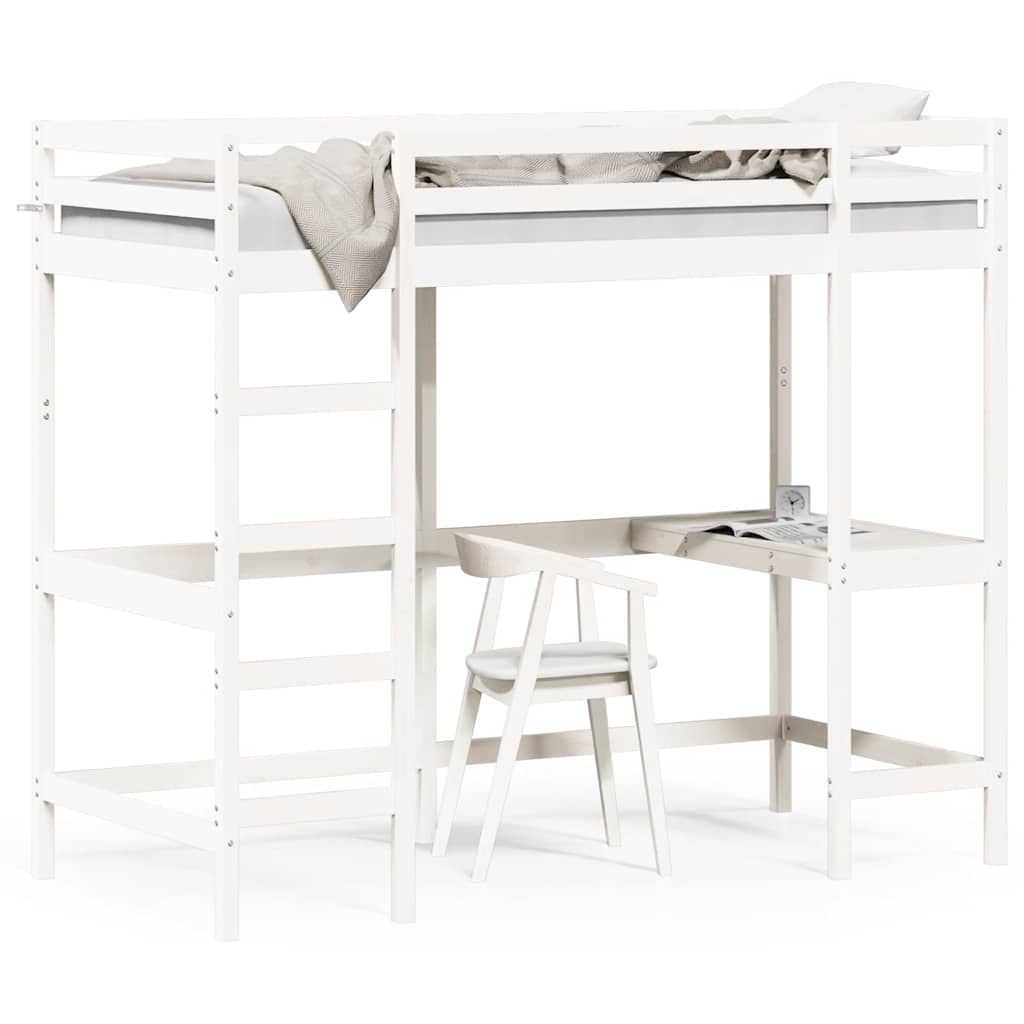 højseng med skrivebord 90x190 cm massivt fyrretræ hvid