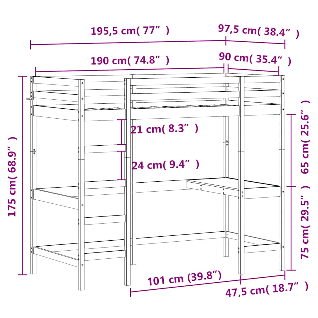 højseng med skrivebord 90x190 cm massivt fyrretræ hvid