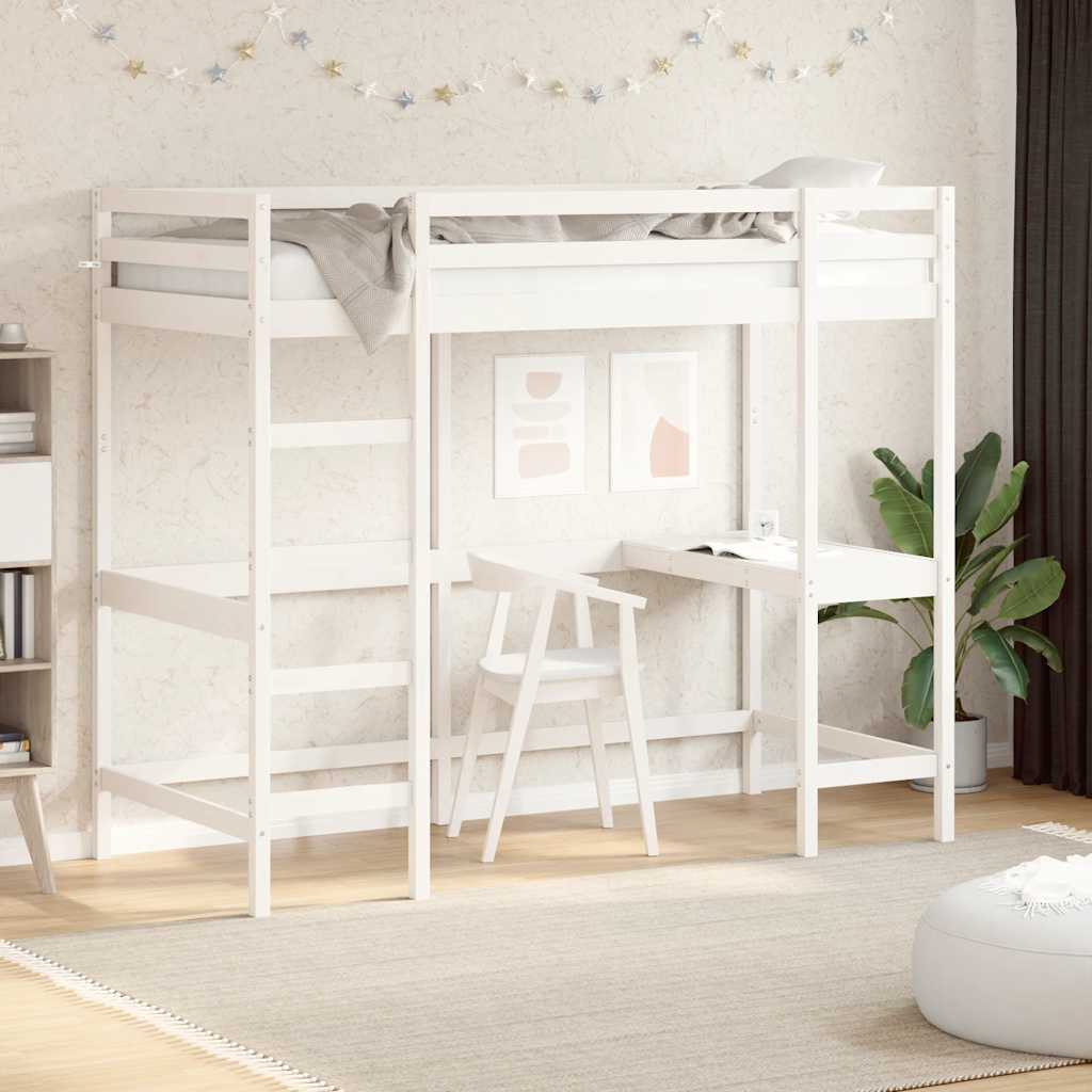 højseng med skrivebord 90x190 cm massivt fyrretræ hvid