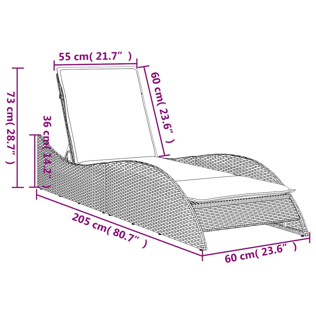 liggestol med hynde grå 60x205x73 cm polyrattan