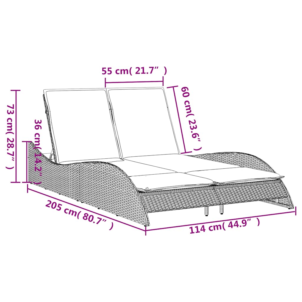liggestol med hynder grå 114x205x73 cm polyrattan