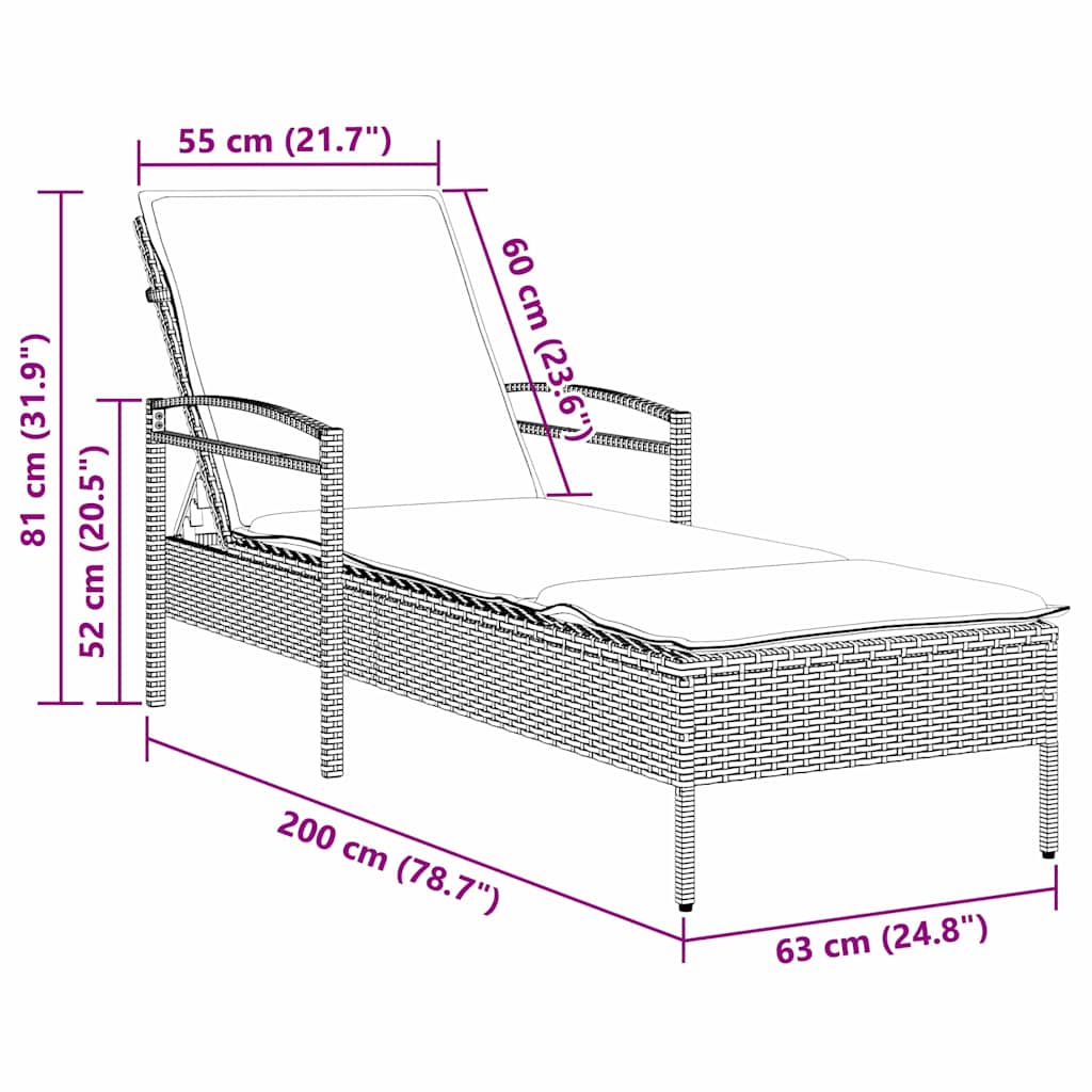 | Solstol | med pude 1-person Brun 63 x 200 x 81 cm polyrattan