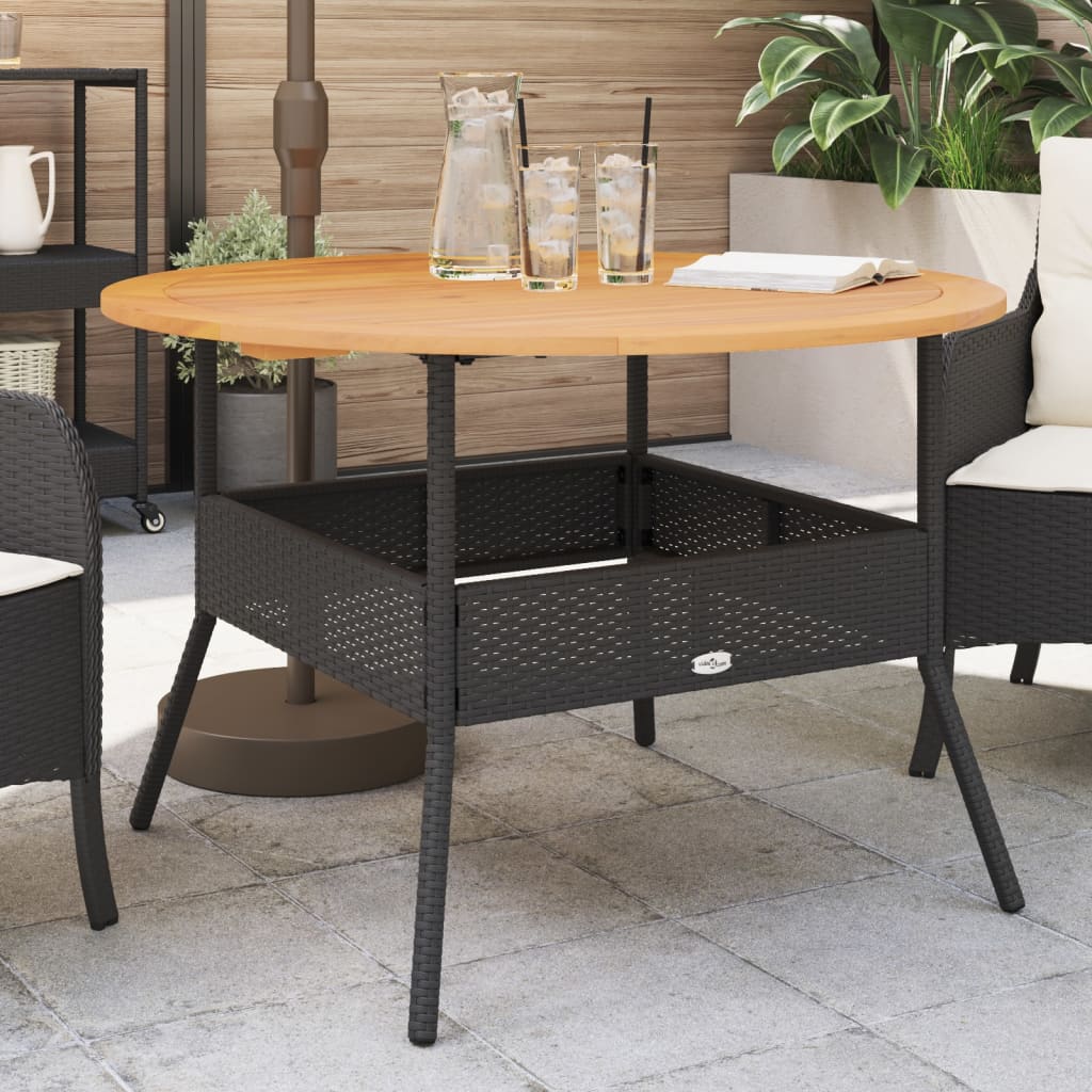 havebord med akacietop Ø110x71 cm polyrattan sort billede
