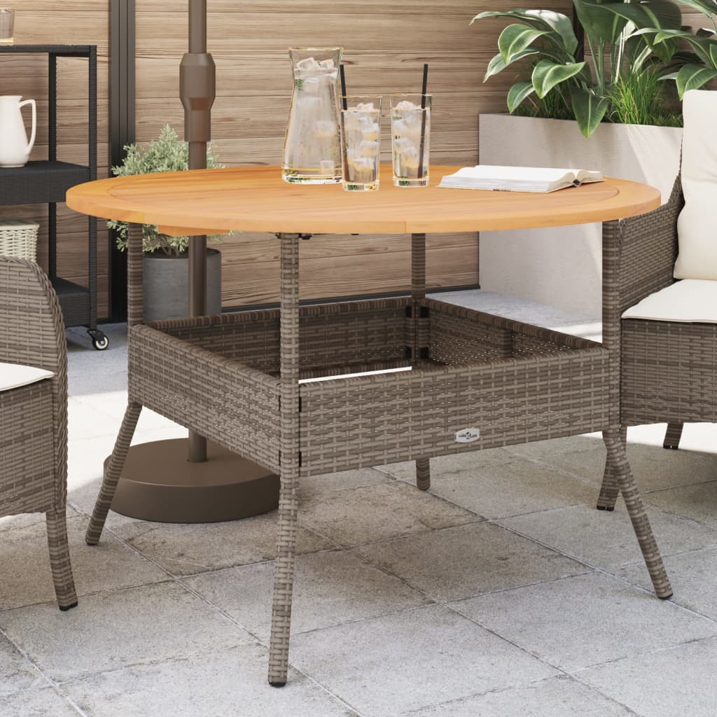 havebord med akacietop Ø110x71 cm polyrattan grå billede