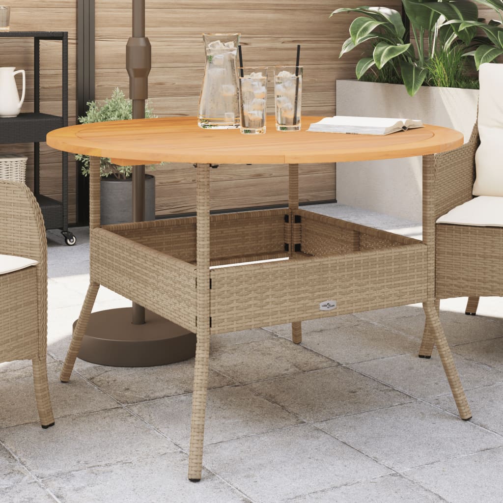 havebord med akacietop Ø110x71 cm polyrattan beige billede