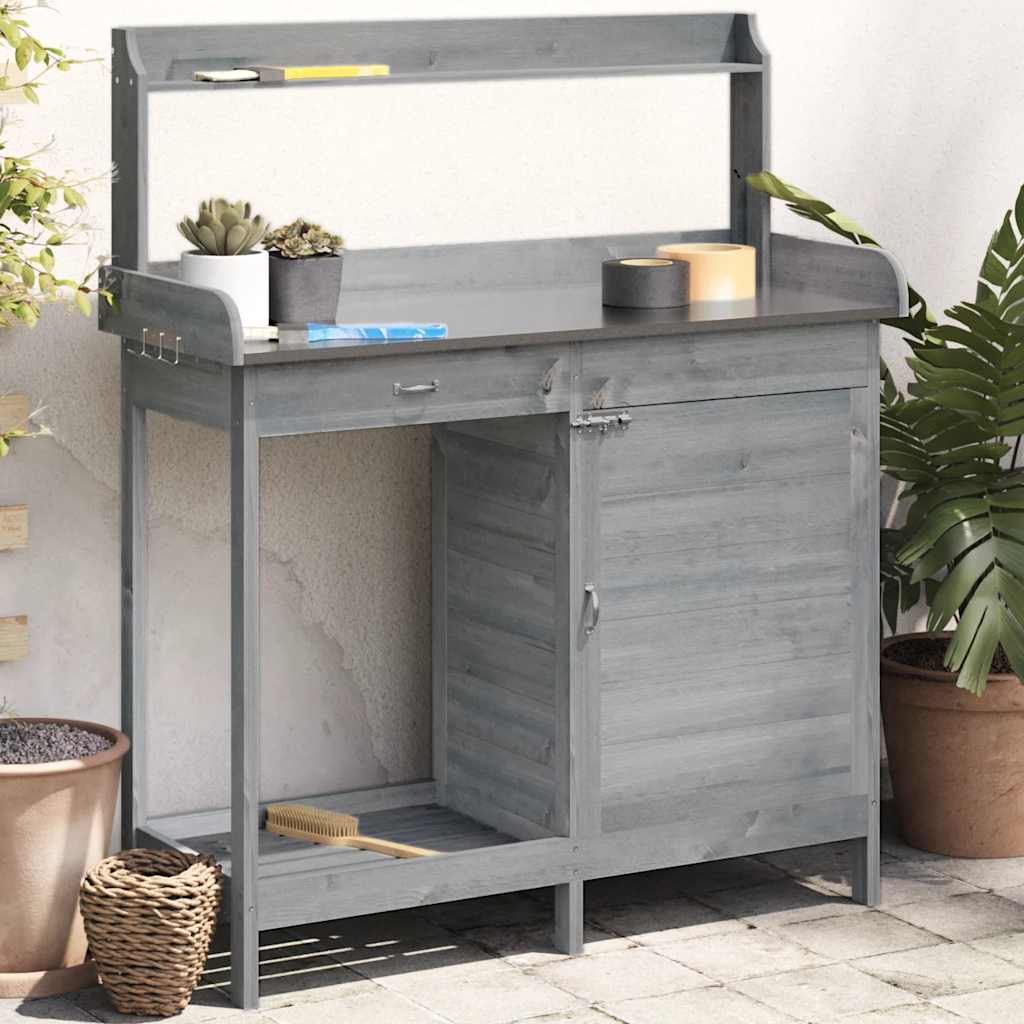 pottebænk med skab 110,5x45x124,5 cm massivt grantræ grå billede