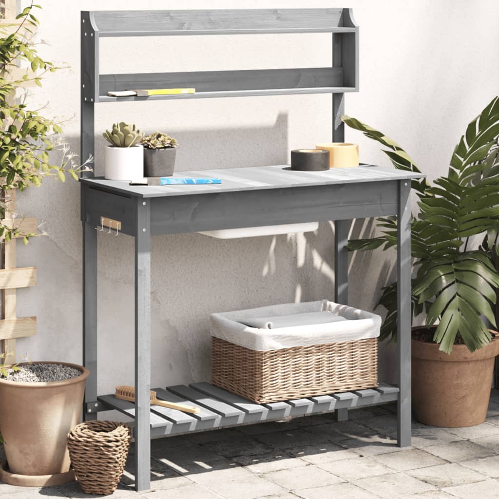 pottebænk med vask 147,5x44x139,5 cm massivt grantræ grå billede