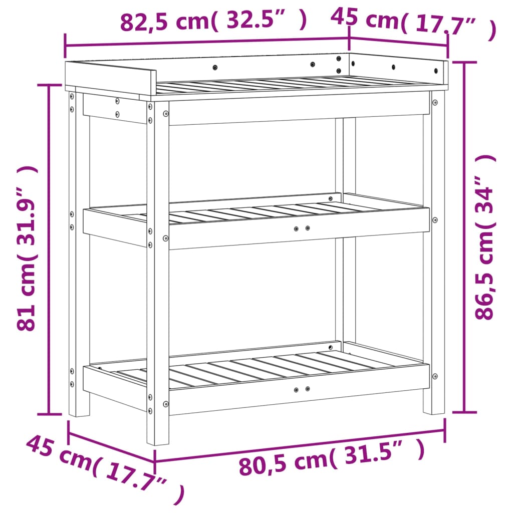 plantebord med hylder 82,5x45x86,5 cm massivt fyrretræ